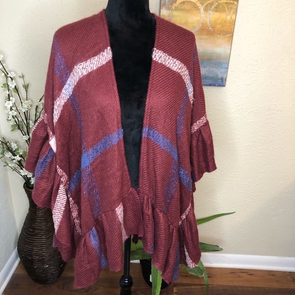 Francesca Robin Ruffle Hem Ruana Plaid Burgundy Blue White Wrap - Picture 4 of 7